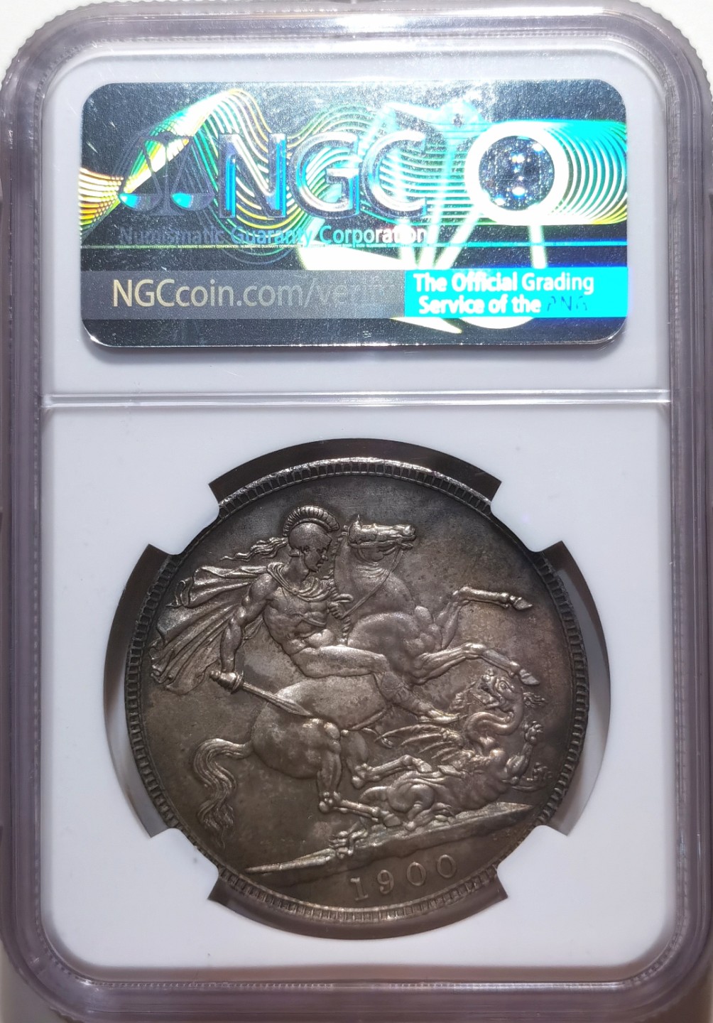 博洋堂章牌藏家系列场②暨第030期（全场包邮） NGC-MS63 英国1900年披纱马剑，亚军分罕见LVIII边铭，不是烂大街的LVIX，关门年份，近几年大拍都没见过，包浆自然