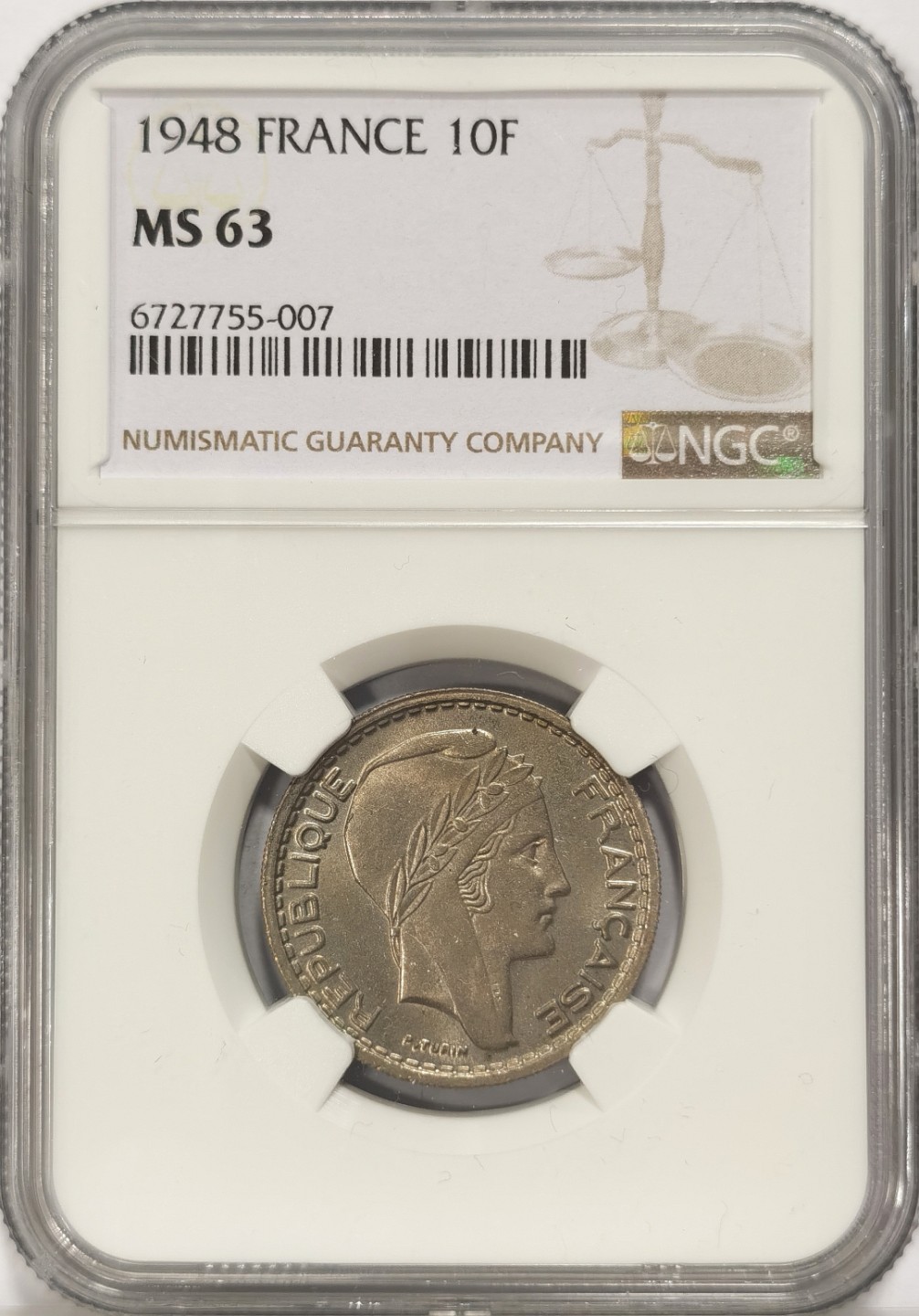 博洋堂章牌藏家系列场②暨第030期（全场包邮） NGC MS64 法国1948年女神10法郎