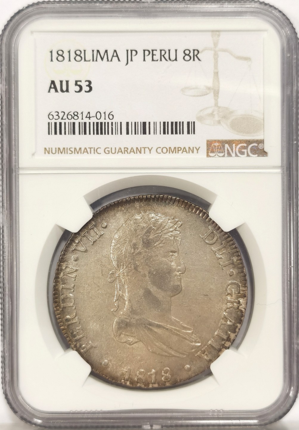 博洋堂章牌藏家系列场②暨第030期（全场包邮） NGC AU53 秘鲁1818年费七双柱大银币 带底光和包浆