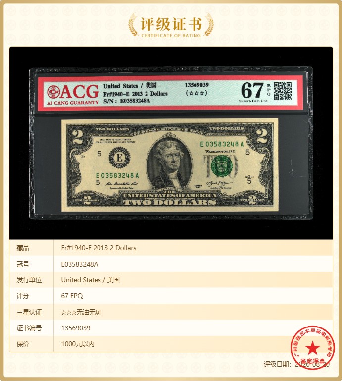 美元专场蓝库印红库印 2美元绿库印联邦券E03583248A
