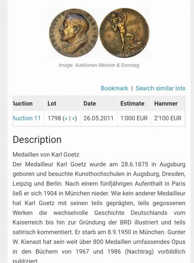 1935年德国卡尔歌茨60大寿纪念巨型大铜章 卡尔歌茨设计 NGC MS62 卡尔歌茨币章目录封面作品！