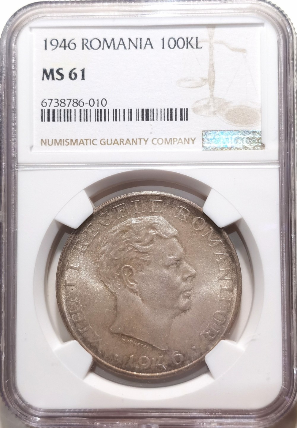 博洋堂章牌藏家系列场②暨第030期（全场包邮） NGC MS61 罗马尼亚1946年米哈伊一世和平鸽 10万列伊银币 末代系列  双面五彩老包浆 转光自然  值得收藏