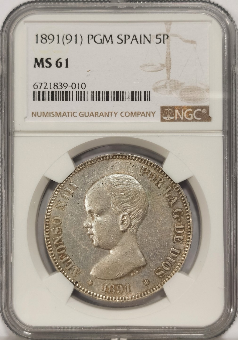 博洋堂章牌藏家系列场②暨第030期（全场包邮） NGC MS61 西班牙娃娃头 1891 早期年份 5比塞塔  银光闪闪 捎带包浆 收藏难得 MS62之前成交5000+