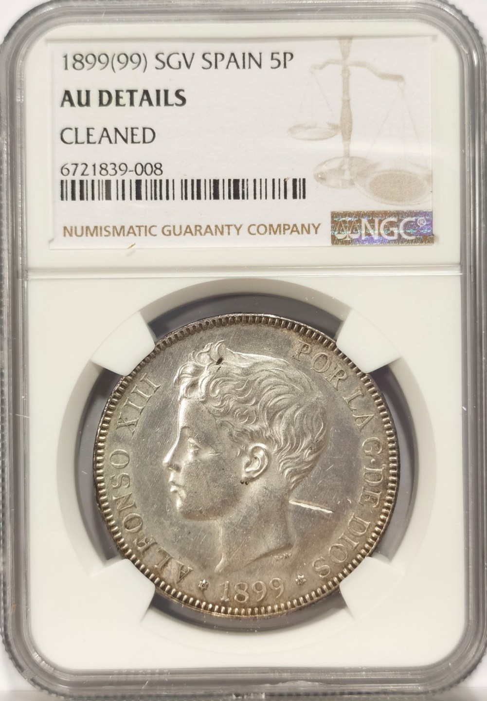 博洋堂章牌藏家系列场②暨第030期（全场包邮） NGC AUD 西班牙娃娃头 1899 5比塞塔 银光闪闪 低评