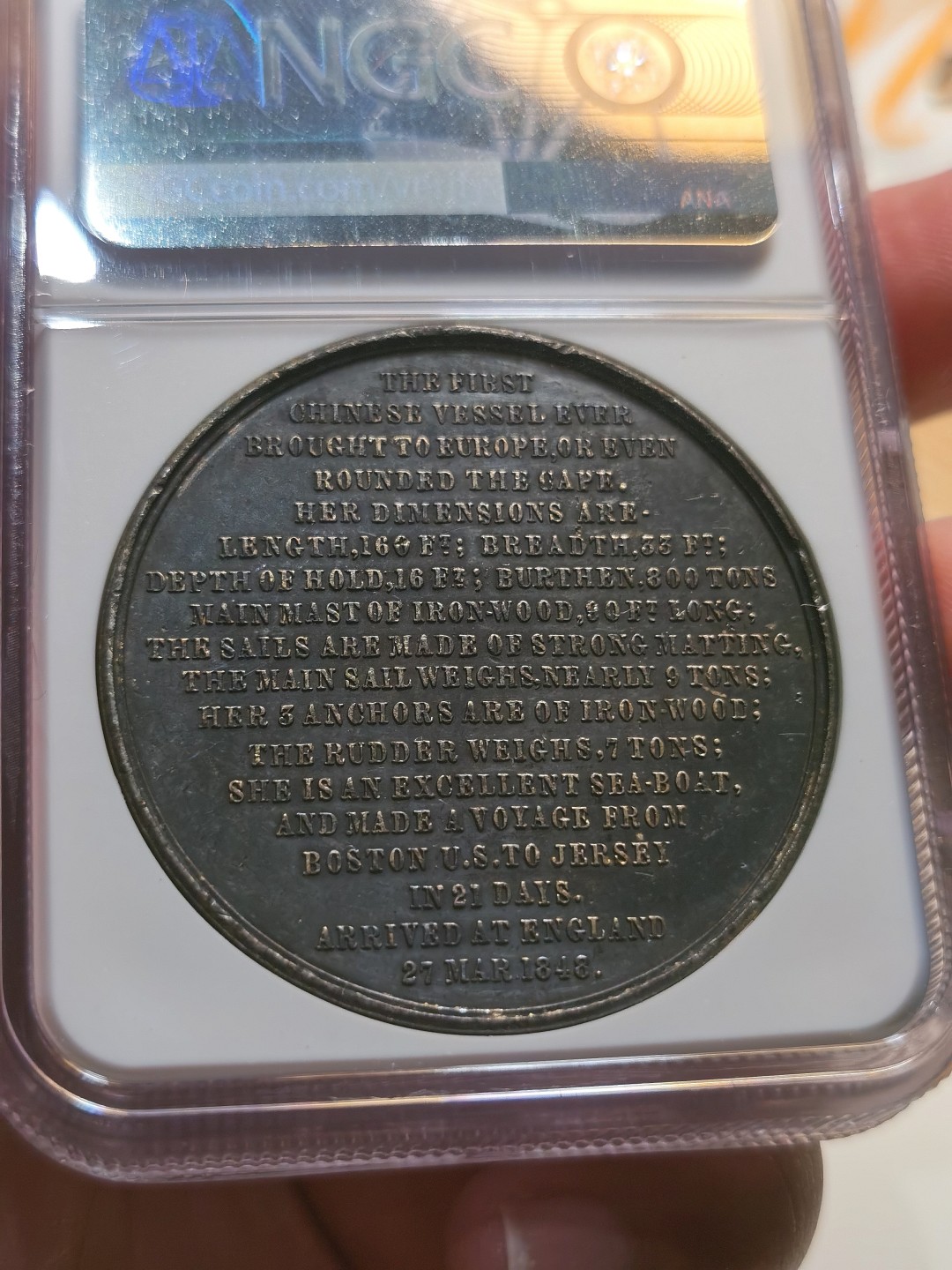 博洋堂章牌藏家系列场②暨第030期（全场包邮） 英国1848年耆英号 白色金属纪念章 NGC AU DETAILS 名誉品