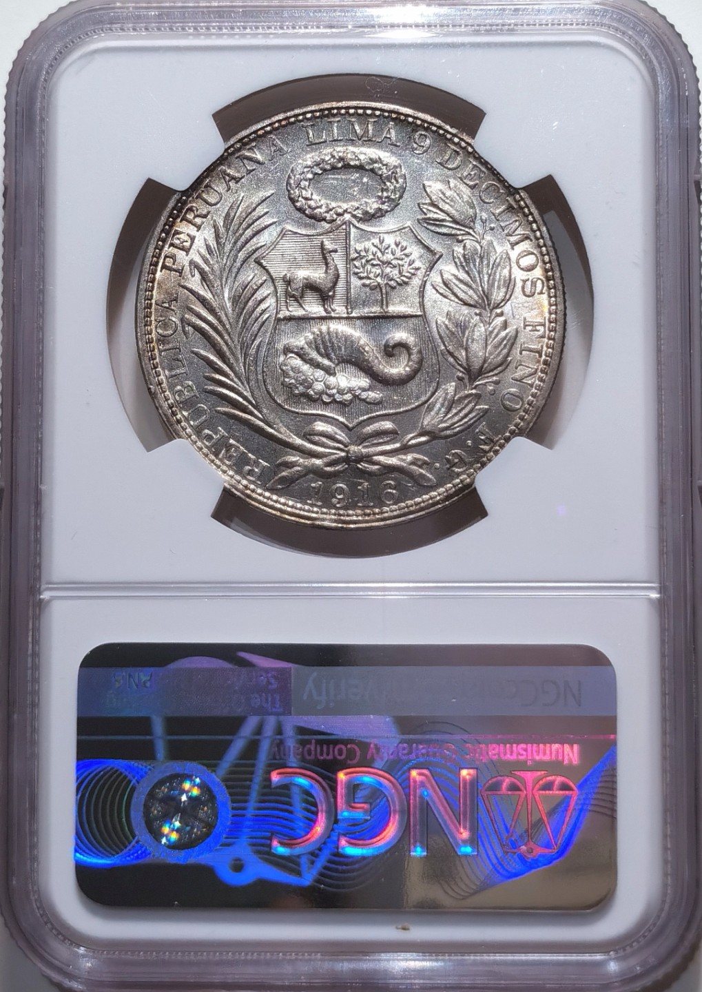 博洋堂章牌藏家系列场②暨第030期（全场包邮） NGC MS62 秘鲁1916年坐人女神1索尔银币 RAISED版别较少 白净底板 背面自然氧化金色 非常值得入手