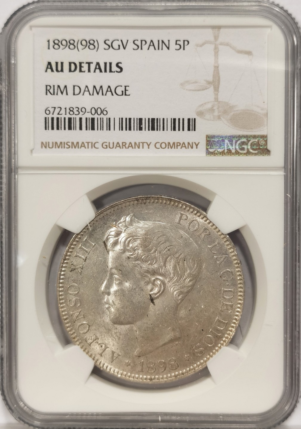 博洋堂章牌藏家系列场②暨第030期（全场包邮） NGC AUD 西班牙娃娃头 1898 5比塞塔 银光闪闪 低评