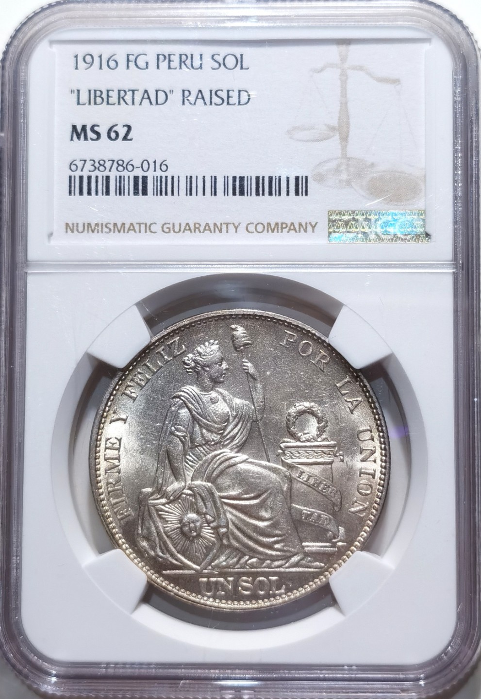 博洋堂章牌藏家系列场②暨第030期（全场包邮） NGC MS62 秘鲁1916年坐人女神1索尔银币 RAISED版别较少 白净底板 背面自然氧化金色 非常值得入手