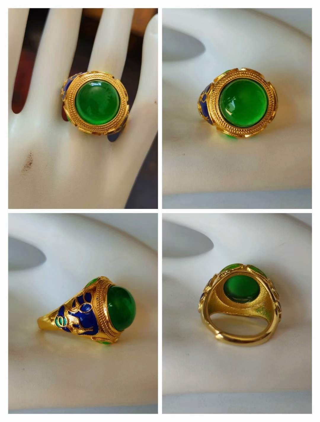 楠木描金盒装顶级冰种帝王绿翡翠手镯+银鎏金镶星光宝石戒指💍+银镶顶级翡翠戒指💍 ，水头足，质地细腻纯净无瑕疵，颜色为纯正、明亮、浓郁、非常漂亮。