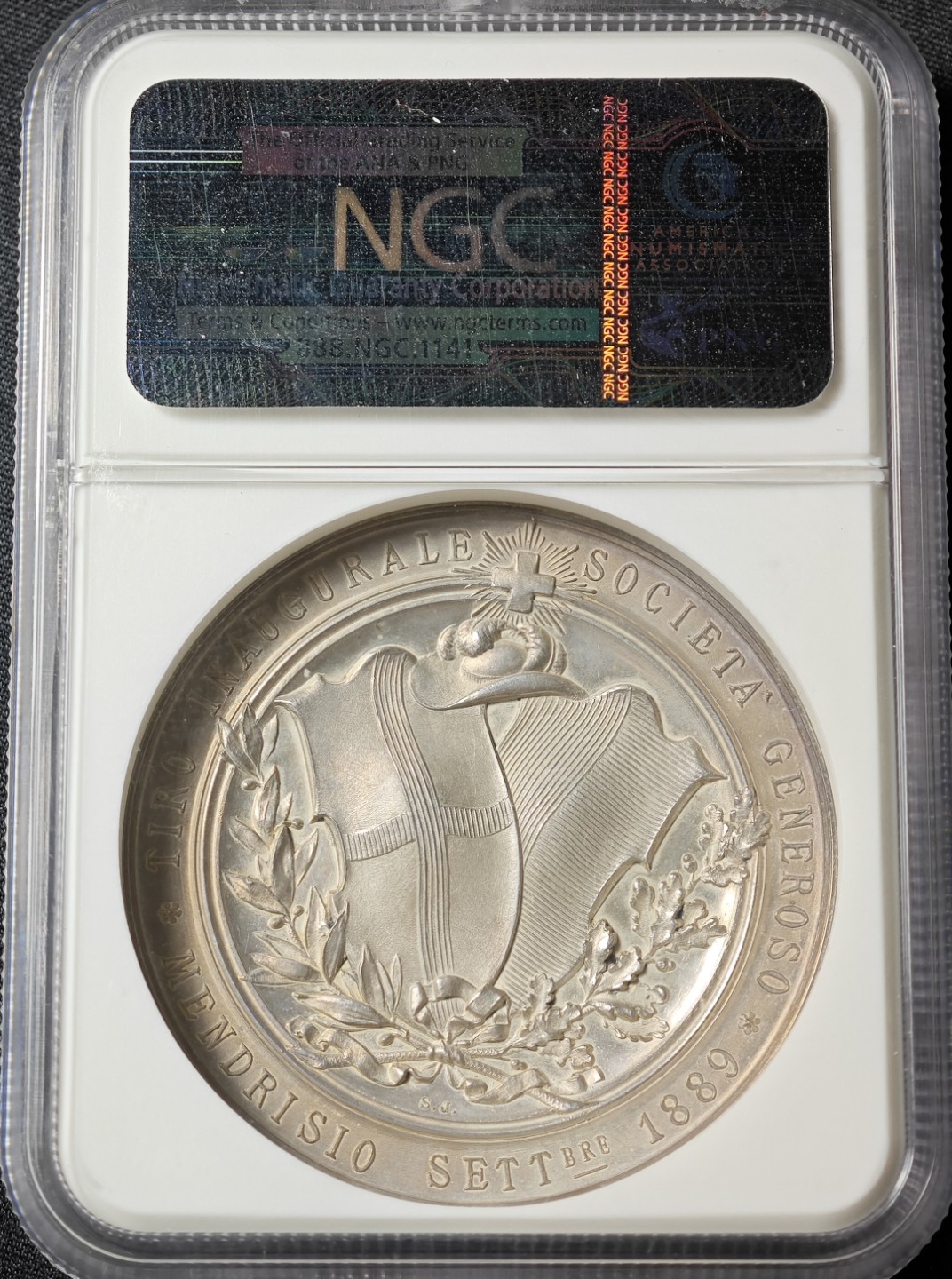 1889年瑞士提切诺州-门德里希奥射击节大银章 NGC MS64 稀少品种 顶级品相 瑞士射击节最新版目录封面章！