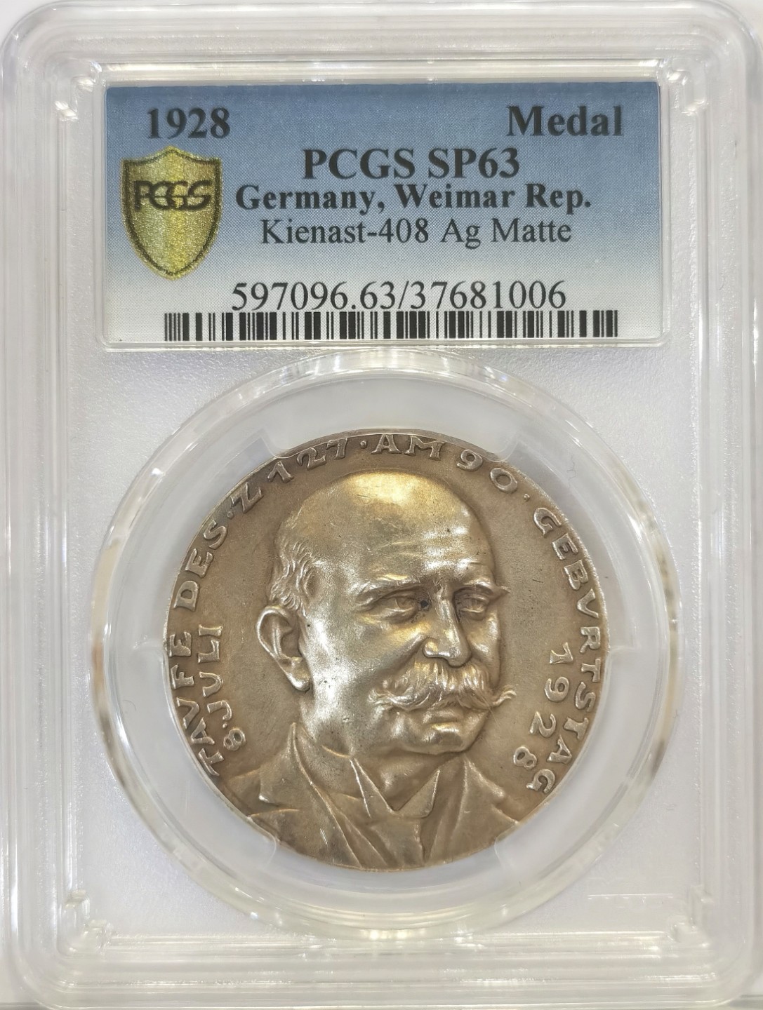 博洋堂章牌藏家系列场②暨第030期（全场包邮） 德国魏玛1928年飞艇之父齐柏林诞辰90周年纪念银章 卡尔哥茨作品 PCGS SP63