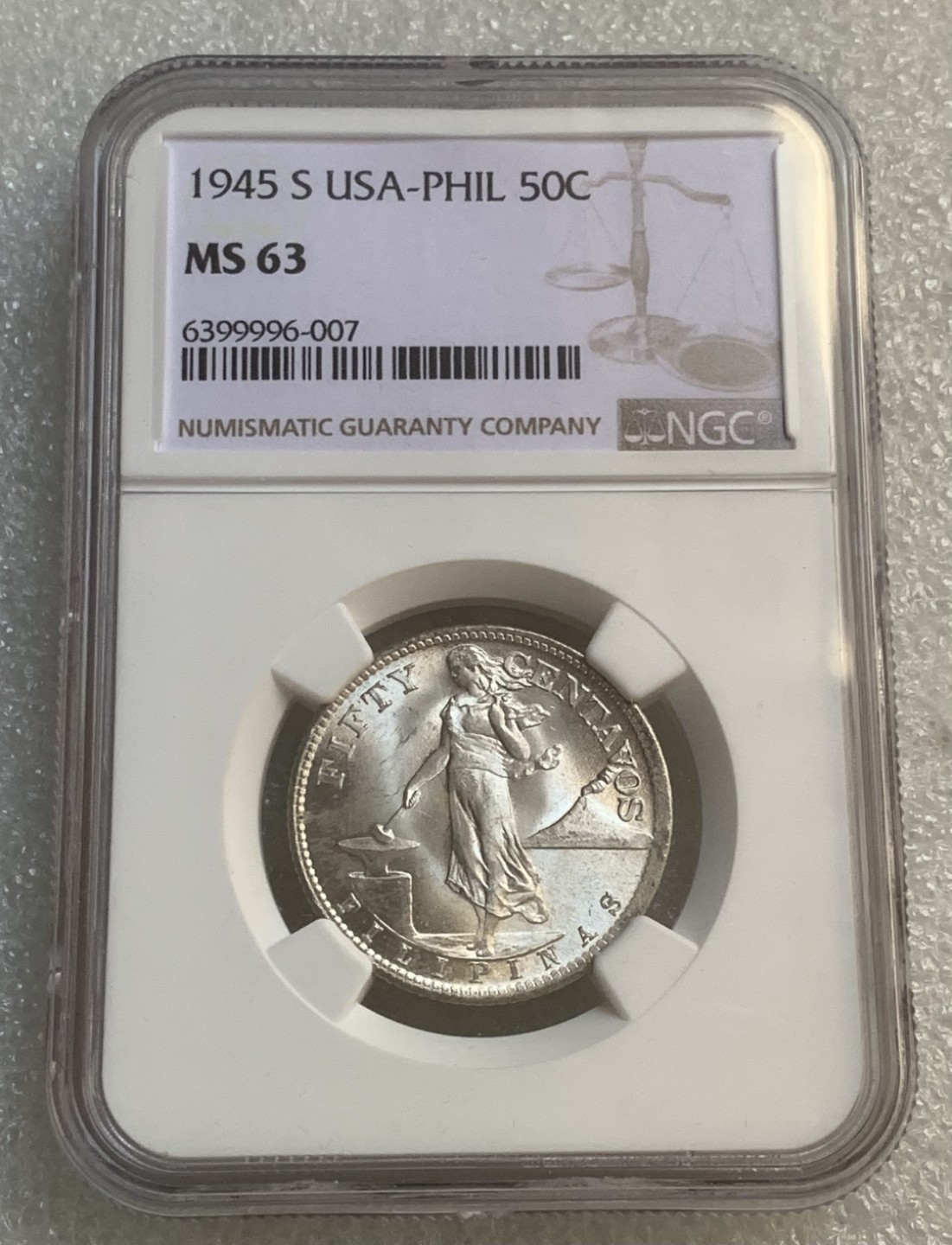 瓶子🏺第95期拍卖会  美属菲律宾1945年50分打铁女神银币  NGC MS63