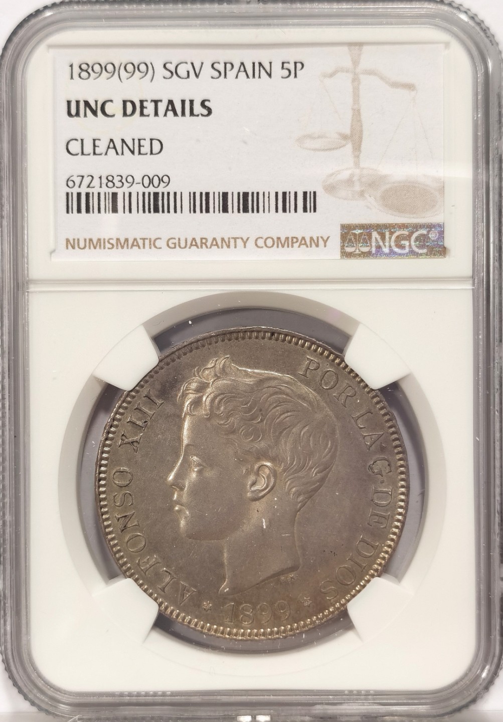 博洋堂章牌藏家系列场②暨第030期（全场包邮） NGC UNCD 西班牙娃娃头 1899 5比塞塔 银光闪闪 低评