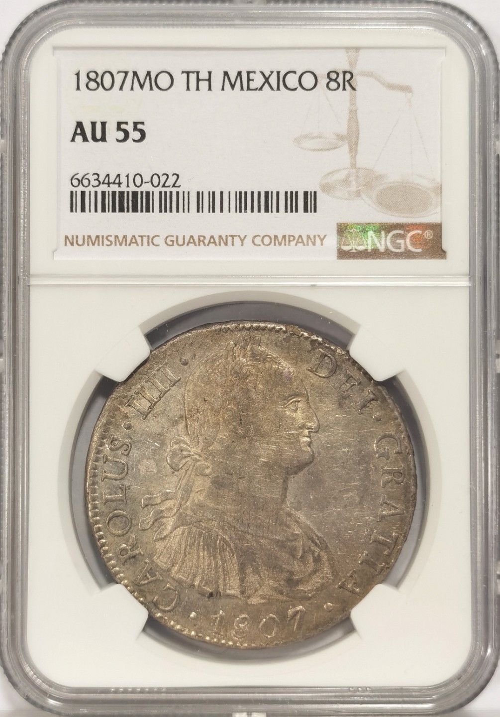 博洋堂章牌藏家系列场②暨第030期（全场包邮） NGC AU55 墨西哥1807年卡四双柱大银币 细节可以