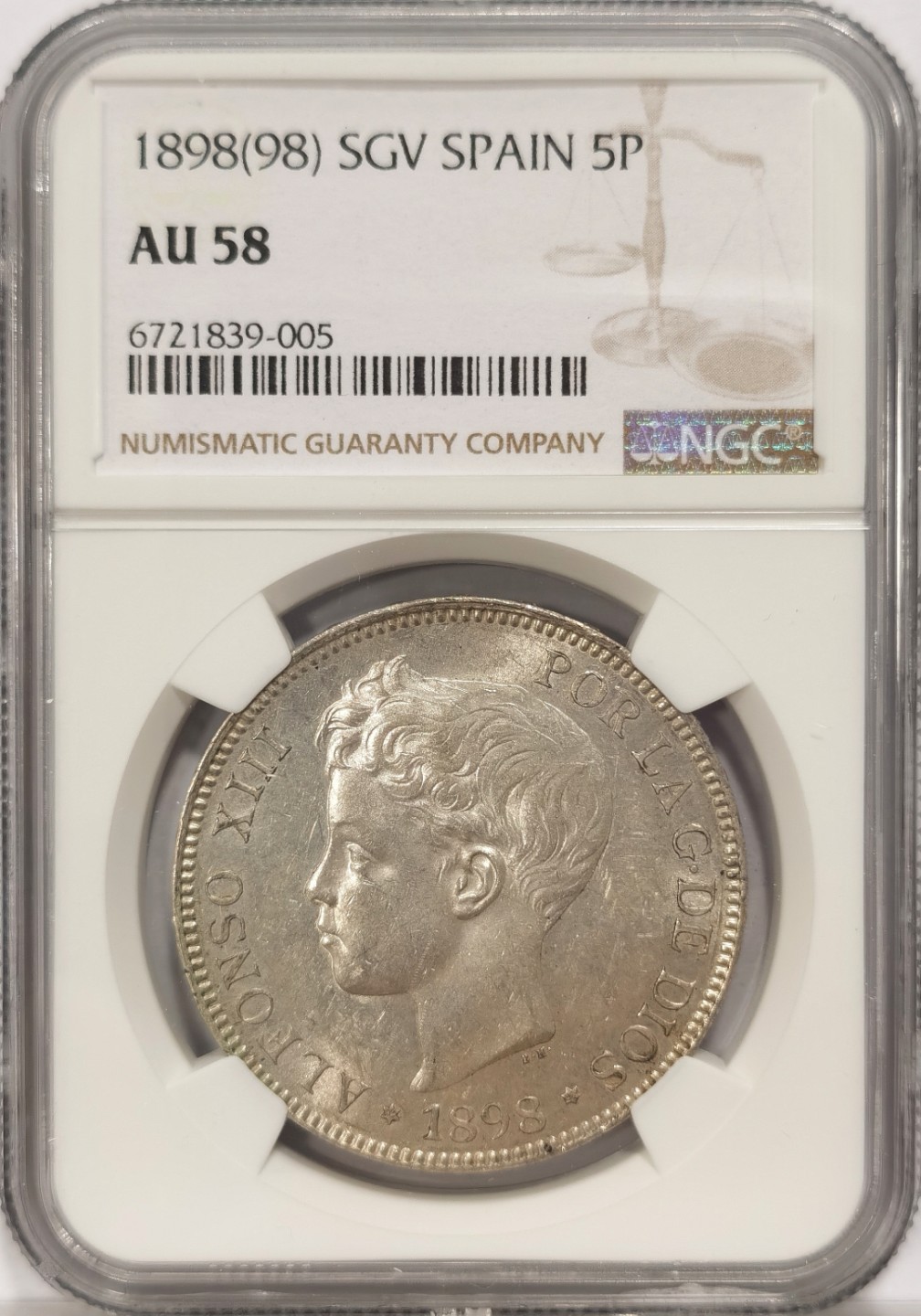 博洋堂章牌藏家系列场②暨第030期（全场包邮） NGC AU58 西班牙娃娃头 1898 5比塞塔 银光闪闪 低评 妥妥MS