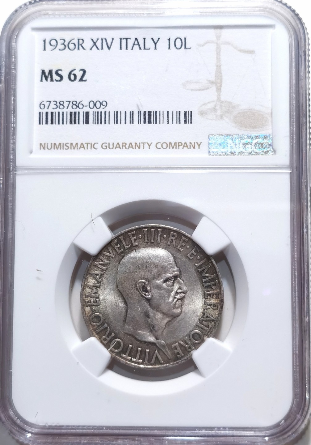 博洋堂章牌藏家系列场②暨第030期（全场包邮） NGC MS62 意大利1936R XIV 埃马努埃莱三世10里拉银币 经典图案 经典光头 经典灰色包浆 意属字体很有艺术