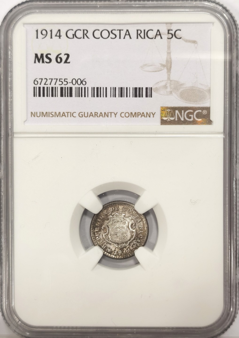 博洋堂章牌藏家系列场②暨第030期（全场包邮） NGC MS62 哥斯达黎加1914年5C银币 稀少品种