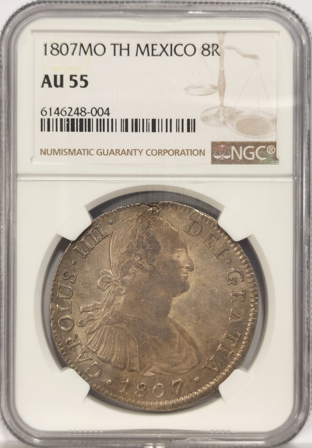 博洋堂章牌藏家系列场②暨第030期（全场包邮） NGC AU55 墨西哥1807年卡四双柱大银币 细节可以 12点方向有铸缺