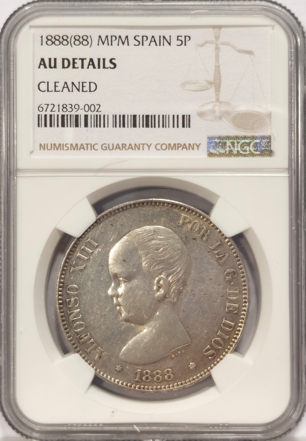 博洋堂章牌藏家系列场②暨第030期（全场包邮） NGC AUD 西班牙娃娃头早期 1888 5比塞塔 五彩转光