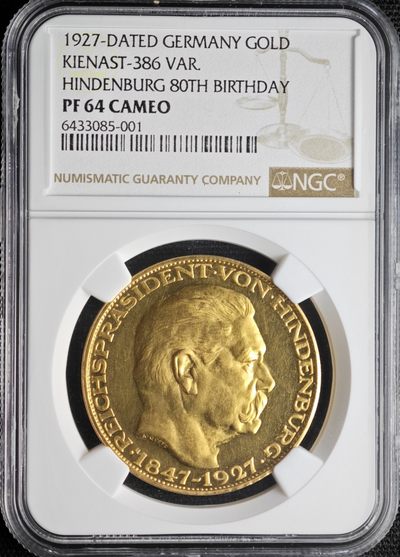 1927年德国兴登堡80大寿纪念金章 名家卡尔歌茨作品 稀少无D厂标版本 NGC PF64CAM