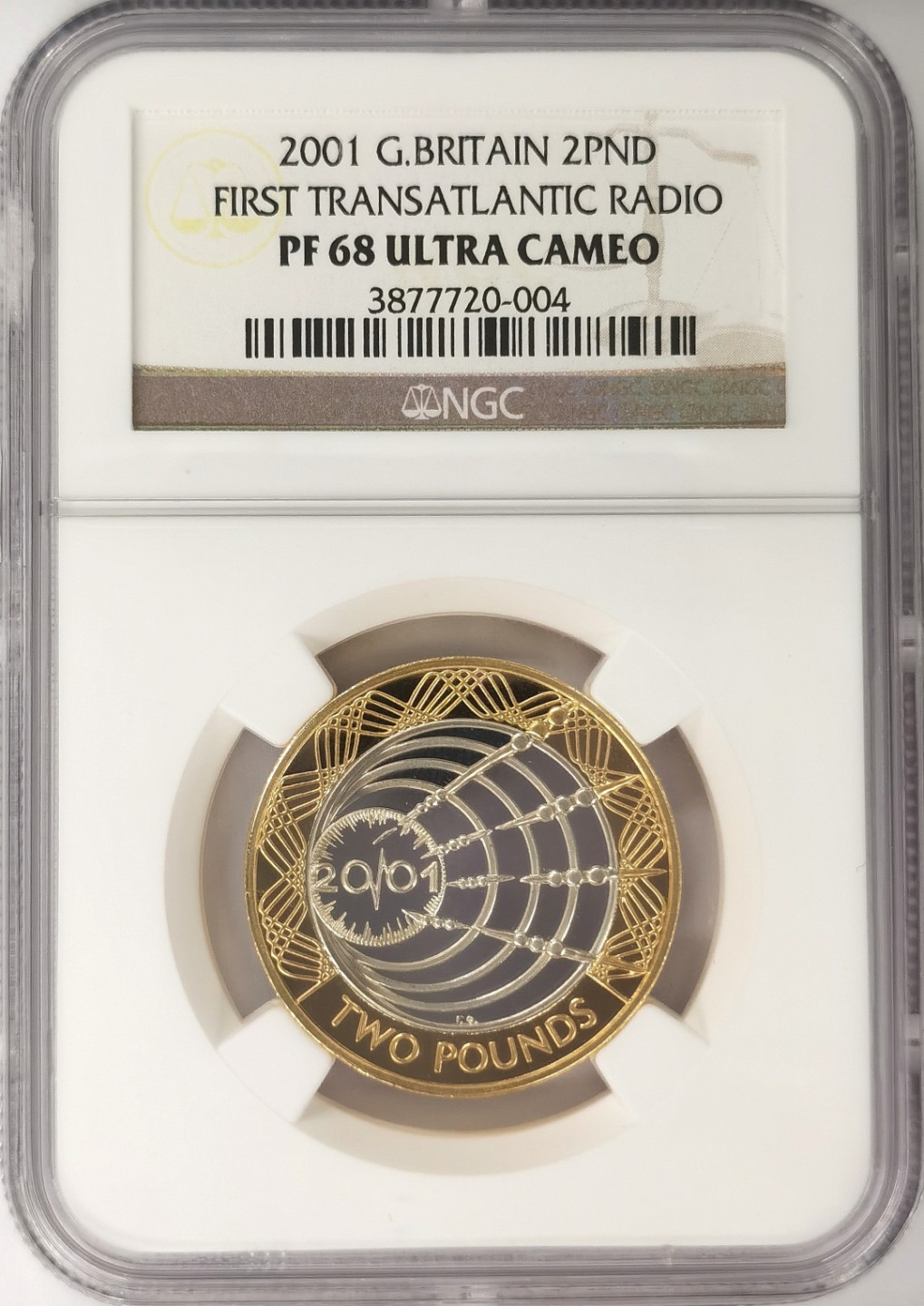 博洋堂章牌藏家系列场②暨第030期（全场包邮） NGC PF68UC 英国2001年2英镑全银双色(镀金)银币【加厚版】纪念马可尼无线电通信100周年