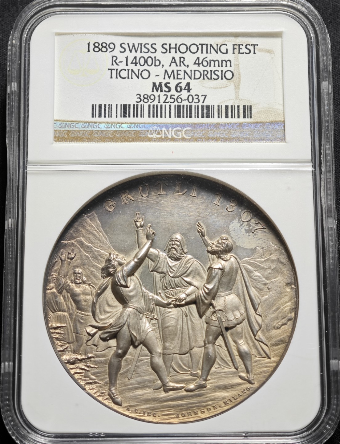 1889年瑞士提切诺州-门德里希奥射击节大银章 NGC MS64 稀少品种 顶级品相 瑞士射击节最新版目录封面章！