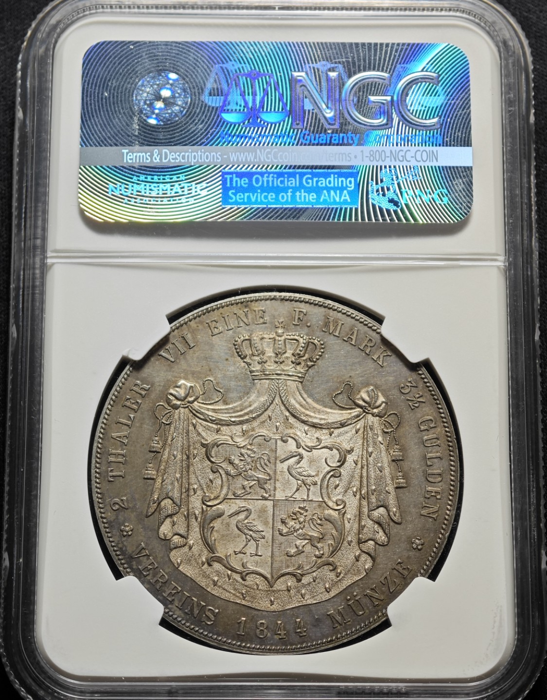 1844年德国罗斯-上格里茨2泰勒大银币 NGC MS62 发行量仅2400枚！MS极少！