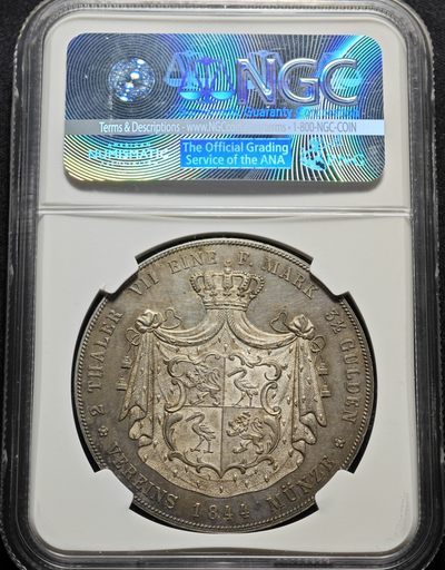 1844年德国罗斯-上格里茨2泰勒大银币 NGC MS62 发行量仅2400枚！MS极少！