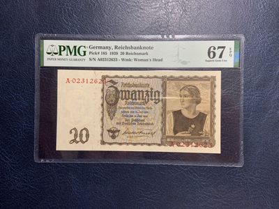 收藏联盟Quantum Auction 第265期拍卖  - 德国1939年20马克 PMG67 首发A冠 号码无457 