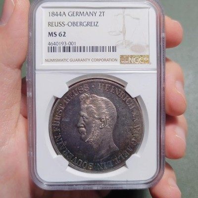 1844年德国罗斯-上格里茨2泰勒大银币 NGC MS62 发行量仅2400枚！MS极少！