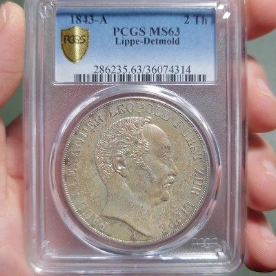 1843年德国利珀-德特蒙德2泰勒大银币 PCGS MS63 单年份 发行量仅17000枚！