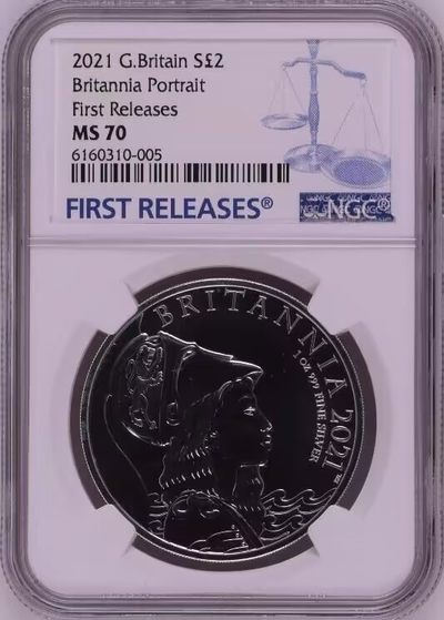 【海寕潮】拍卖第七十二期 - 【海寧潮A】英国2021年不列颠女神1盎司磨砂纪念银币NGC-MS70首期蓝标，原盒证书，评级编号6160310-005，证书编号7050