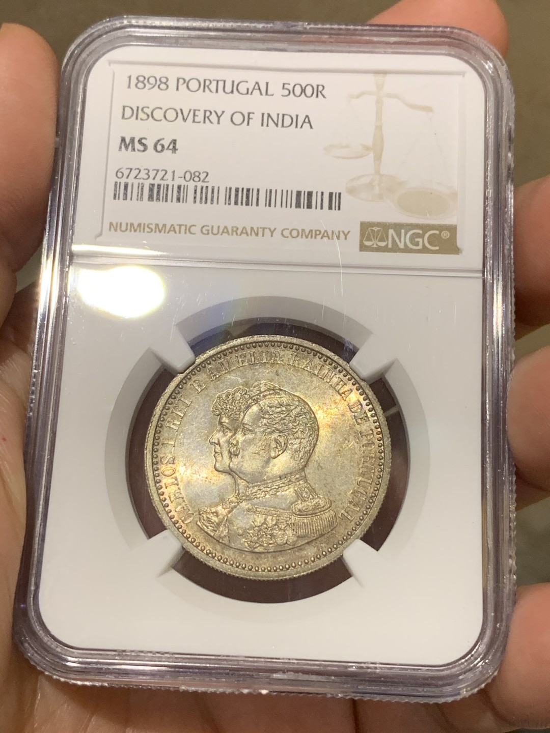 《竞宝斋》第173场-周日，周一2场 (全场包邮) NGC-MS64 葡萄牙1898年 戎装 500瑞斯大银币 带彩包浆 非常漂亮