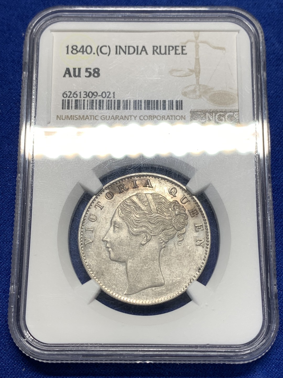 《竞宝斋》第173场-周日，周一2场 (全场包邮) NGC AU58 1840年英属印度维多利亚女王单辫卢比  原光全发丝