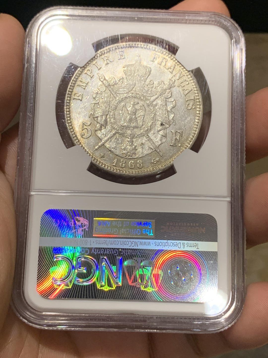 《竞宝斋》第173场-周日，周一2场 (全场包邮) NGC MS61 法国1868年拿破仑三世5法郎 原光 状态不错