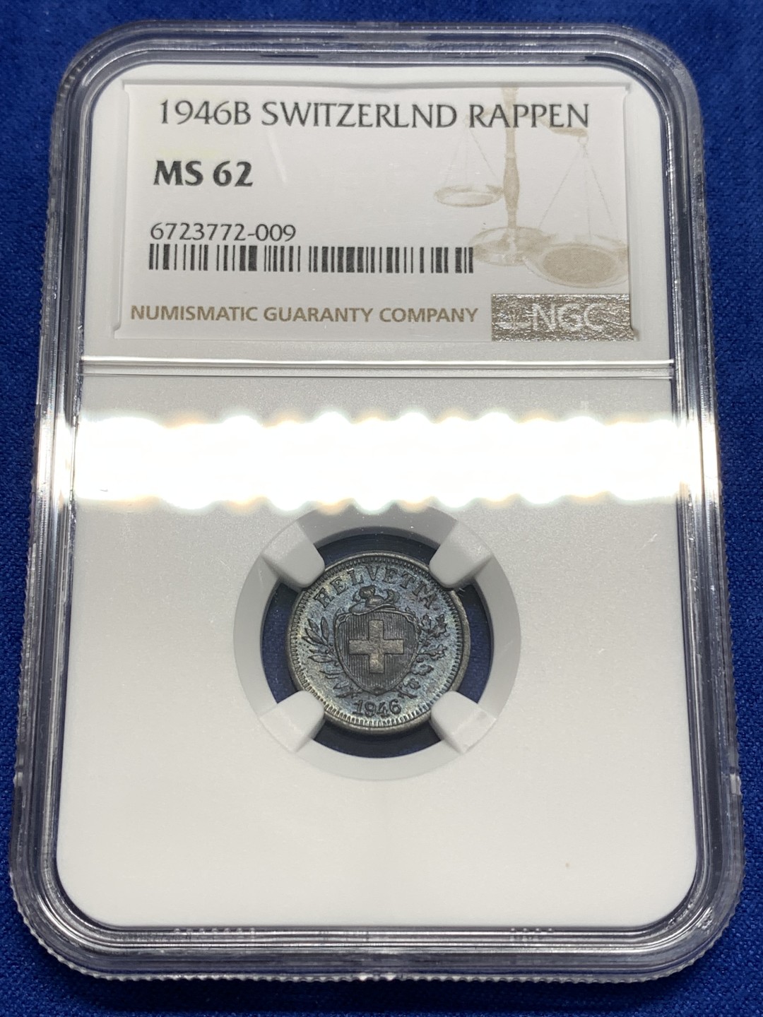 《竞宝斋》第173场-周日，周一2场 (全场包邮) NGC-MS62 瑞士1946B版1拉庞锌币 二战战后特殊币材紧急币 锌币经典状态包浆 存世较少