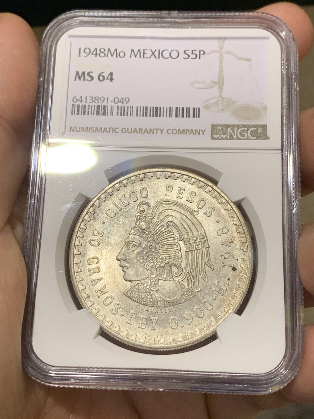 《竞宝斋》第173场-周日，周一2场 (全场包邮) NGC-MS64 墨西哥1948年 印第安人头像 5比索大银币 好品