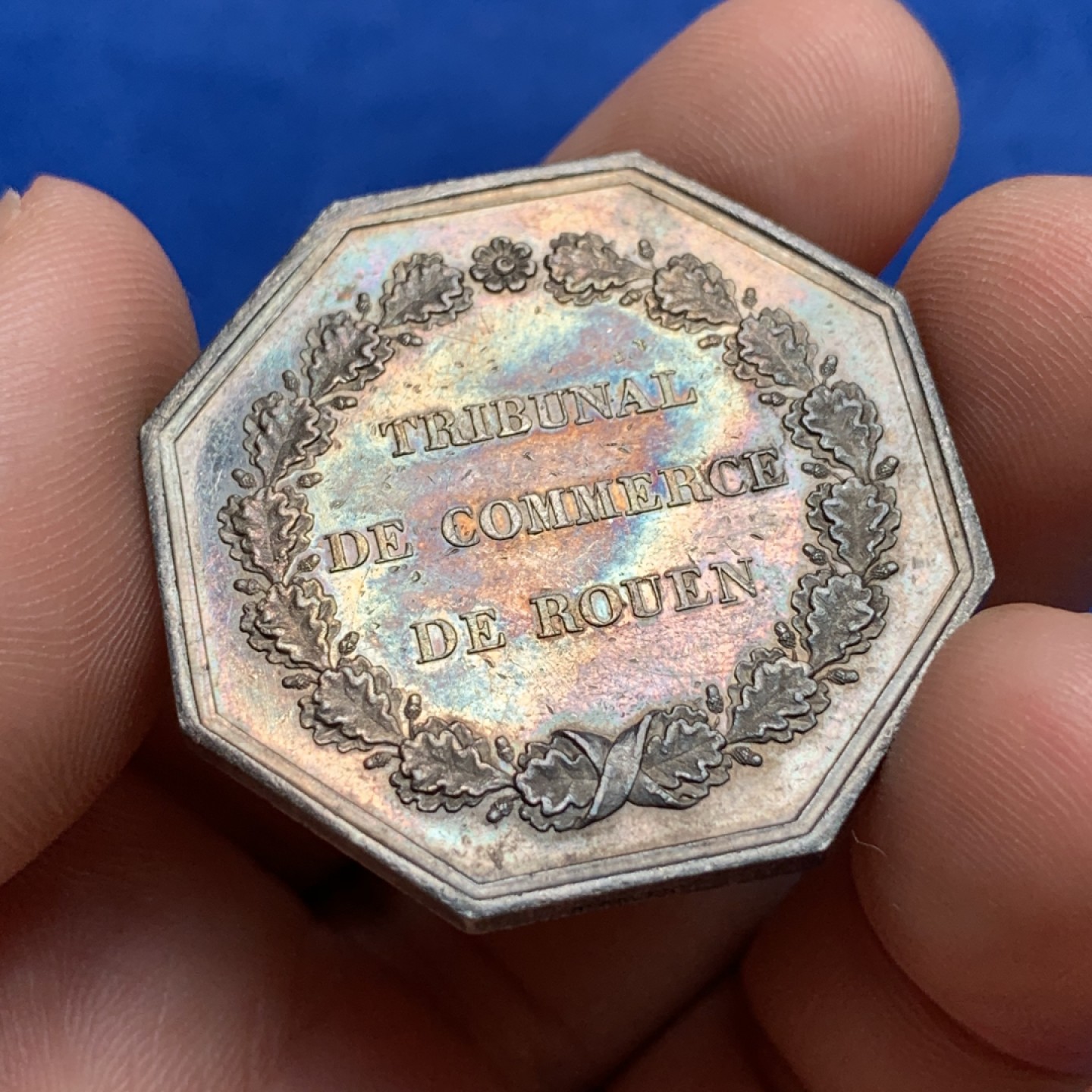 《竞宝斋》第173场-周日，周一2场 (全场包邮) 法国八角银质代币，鲁昂商事法院，19.9g，36.1mm，蜜蜂边铭