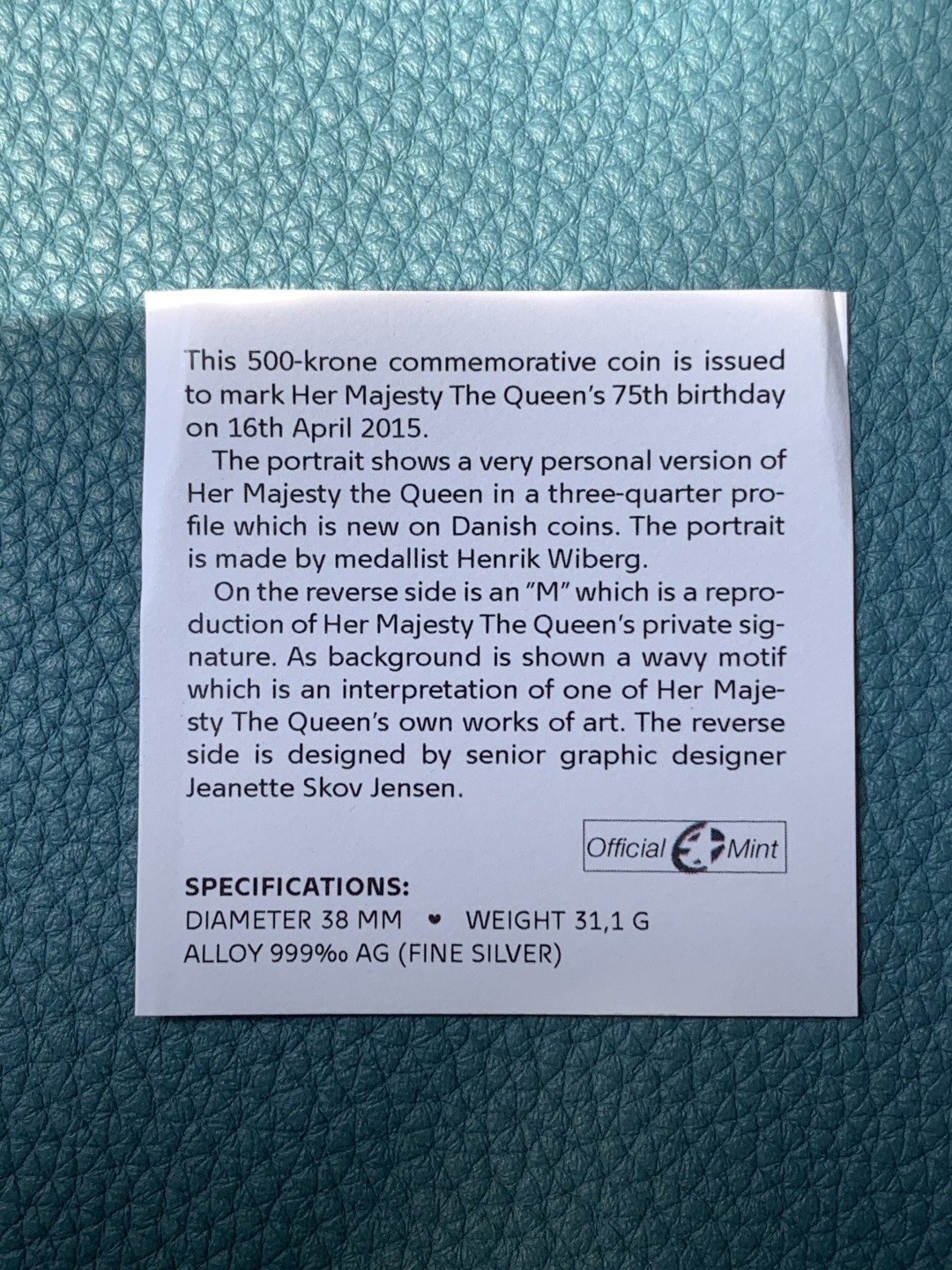 《竞宝斋》第173场-周日，周一2场 (全场包邮) 原盒证书 丹麦2015年 500克朗精制大银币 31.1克 纯银