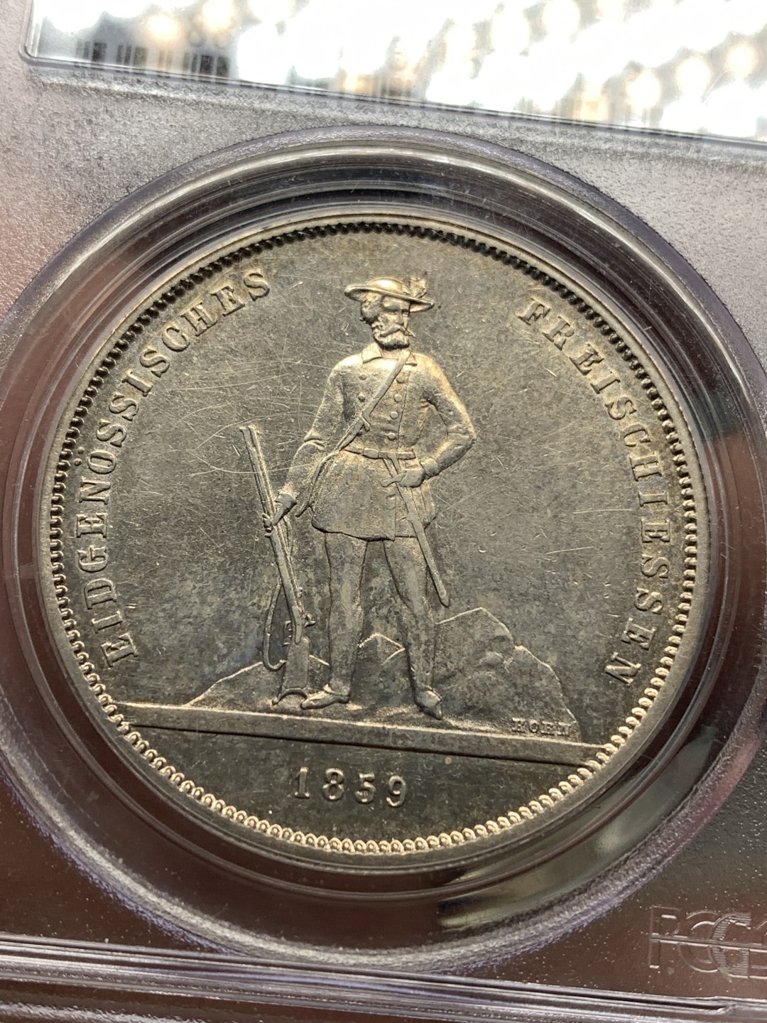 《竞宝斋》第173场-周日，周一2场 (全场包邮) PCGS AU53 瑞士 1859 射击节5法郎银币 少见品种