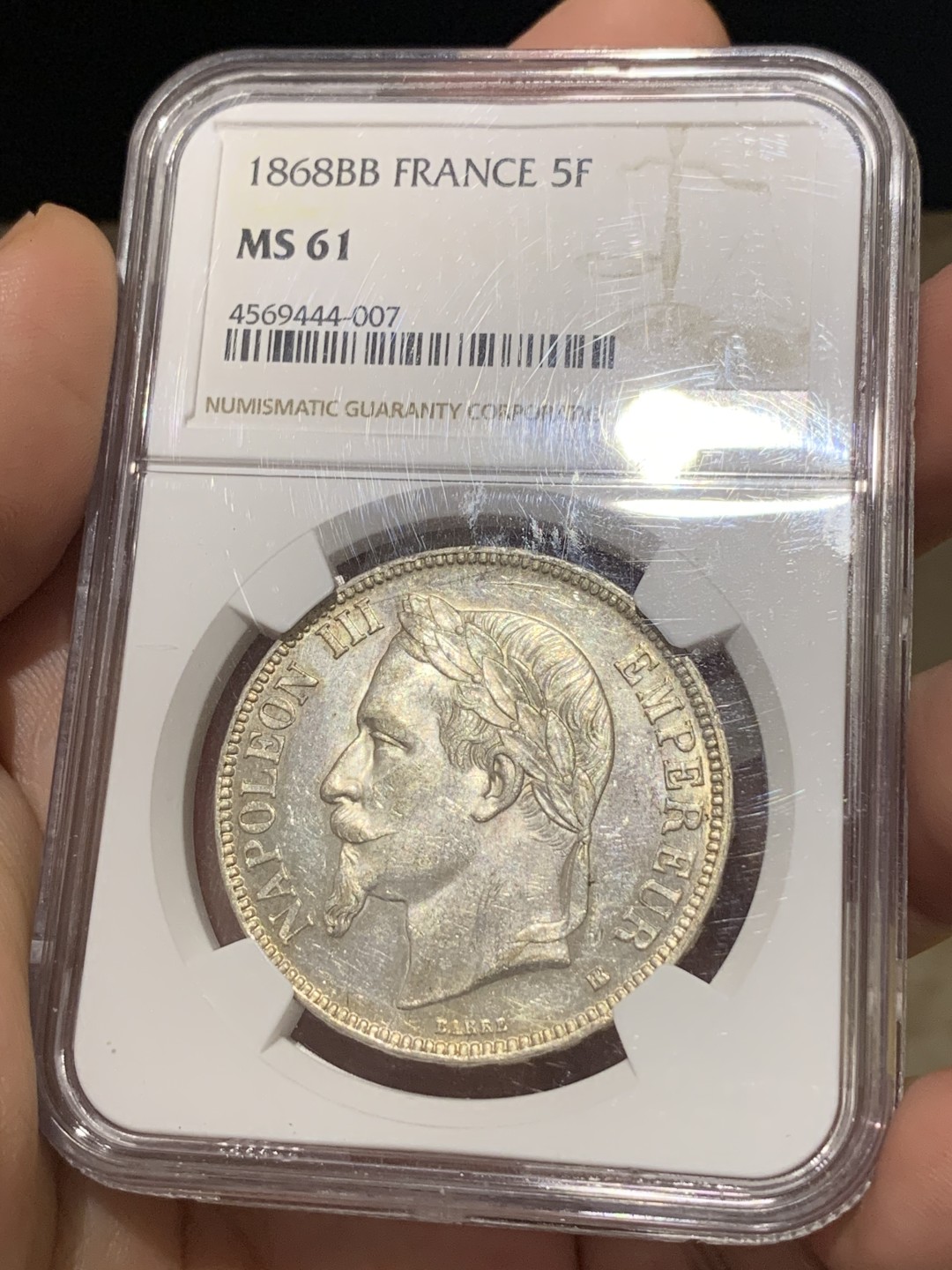 《竞宝斋》第173场-周日，周一2场 (全场包邮) NGC MS61 法国1868年拿破仑三世5法郎 原光 状态不错