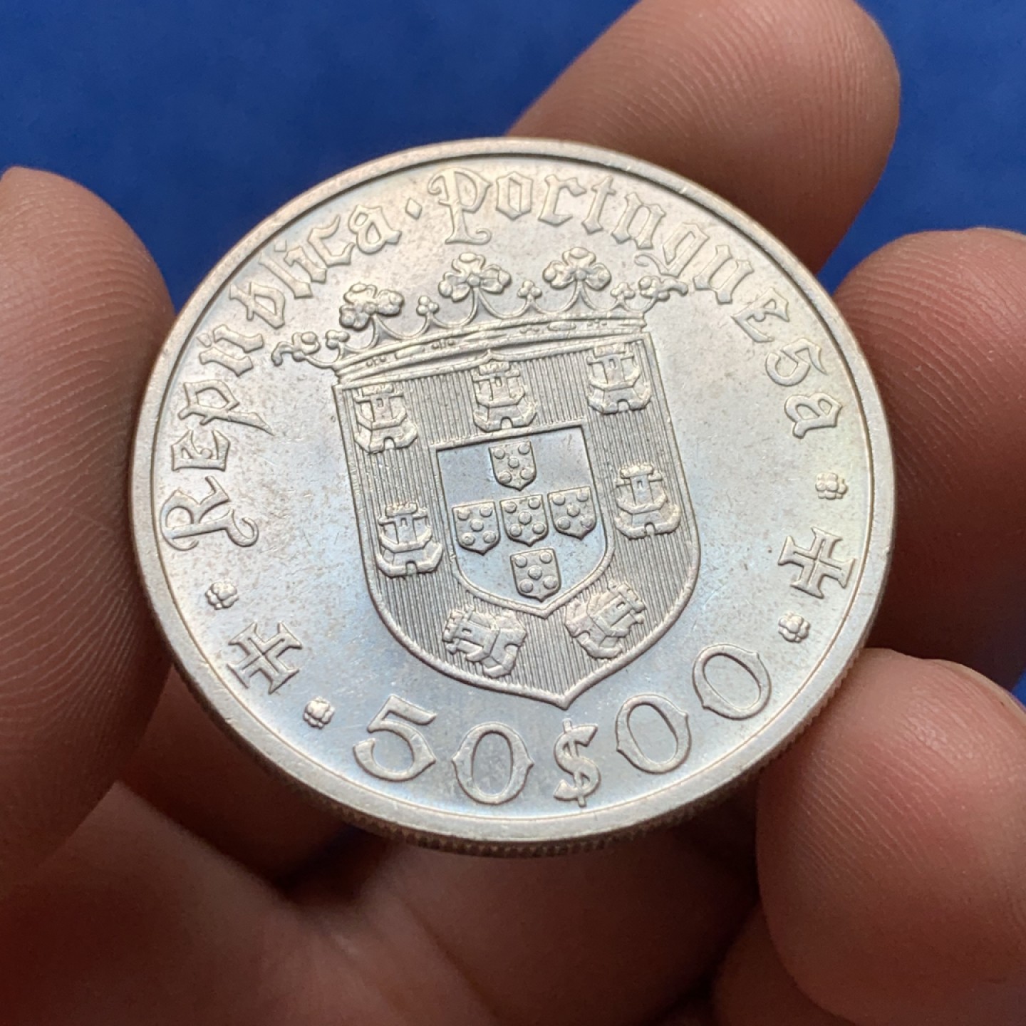 《竞宝斋》第173场-周日，周一2场 (全场包邮) 葡萄牙 1968年 50埃斯库多银币 探险家卡布拉尔纪念 全新原光 文艺复兴式设计非常漂亮