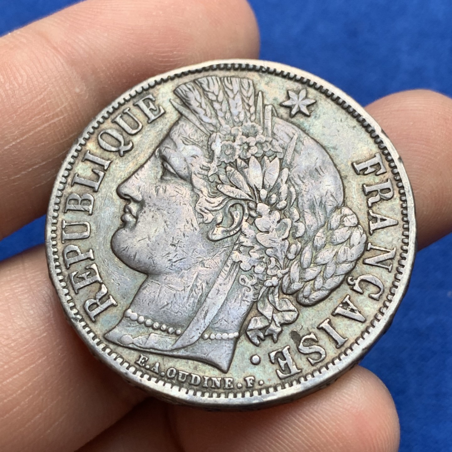 《竞宝斋》第173场-周日，周一2场 (全场包邮) 法国 1870年 谷物女神 5法郎 银币 原味包浆 难得状态