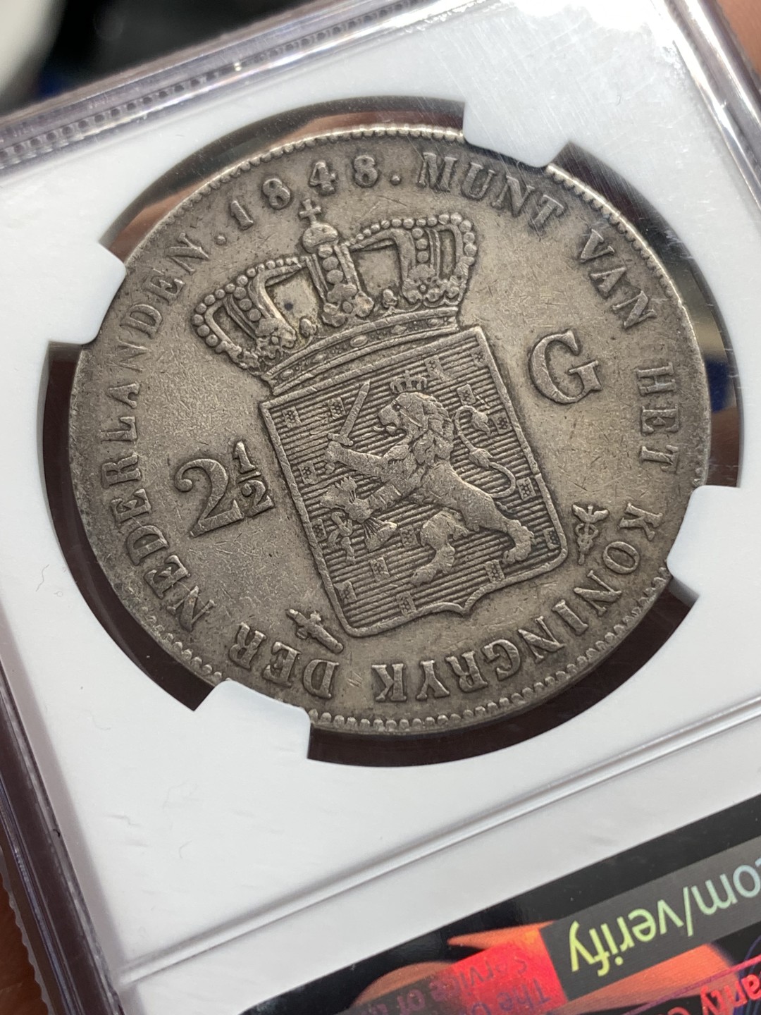 《竞宝斋》第173场-周日，周一2场 (全场包邮) NGC VF35 荷兰1848威廉二世长脖子2.5盾 原味老包浆 低评 比很多45分的都要好