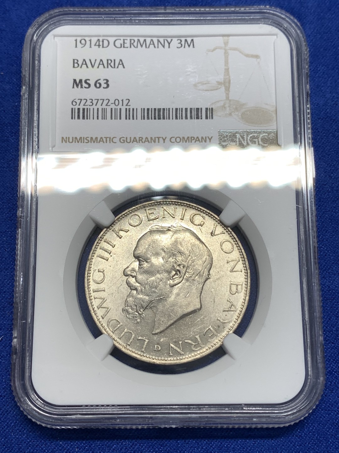 《竞宝斋》第173场-周日，周一2场 (全场包邮) NGC-MS63 德国1914D巴伐利亚3马克银币 转光强烈 较少见邦国马克 足够自藏品相