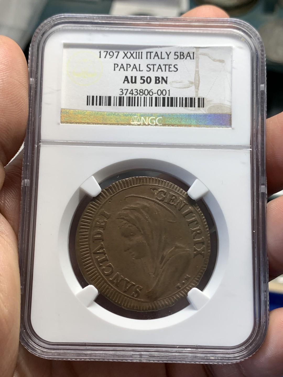 《竞宝斋》第173场-周日，周一2场 (全场包邮) NGC AU50BN 教皇国1797年 5贝阿科圣母像大铜币 罕见品种 xf品书价125美元 更高分仅6枚 圣母神态雍容 状态出色 老N盒严评