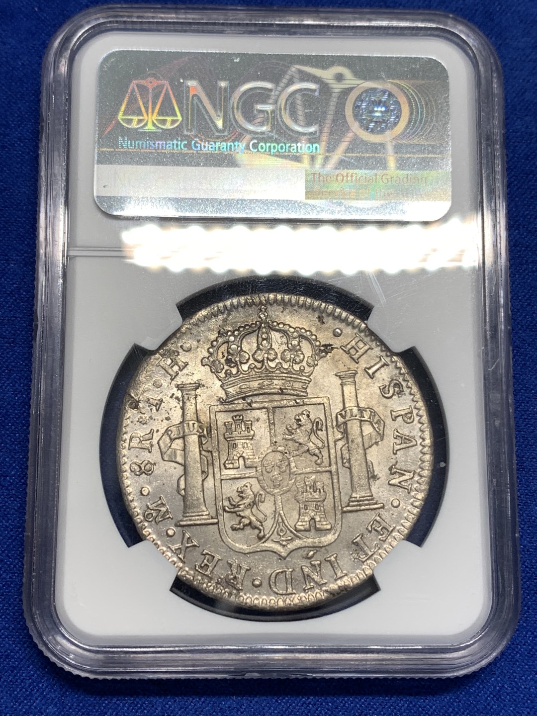 《竞宝斋》第173场-周日，周一2场 (全场包邮) NGC MS62 西属墨西哥 卡洛斯四世 1808 MO TH 双柱 8瑞尔 大银币 底板带光 好状态