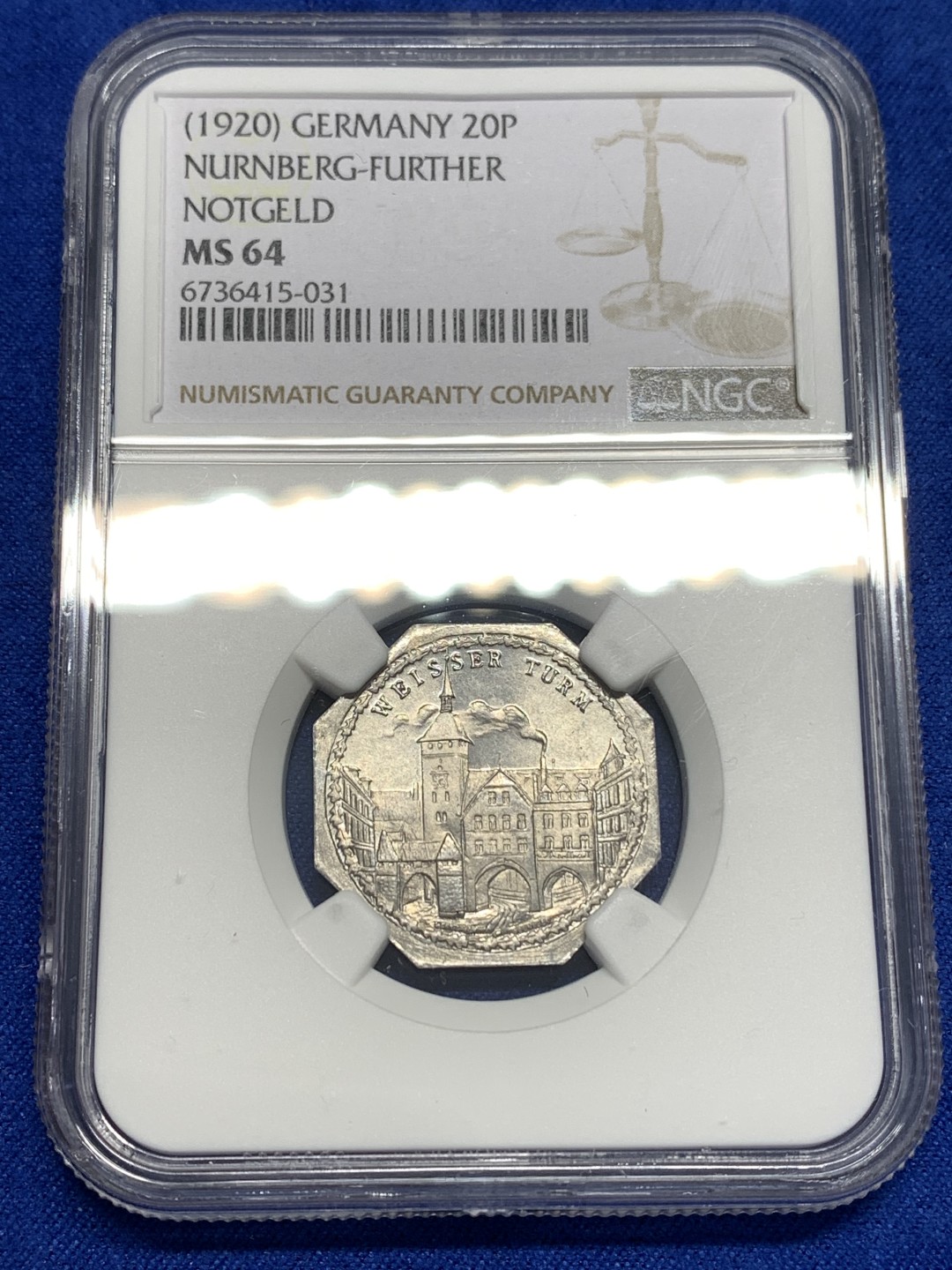 《竞宝斋》第173场-周日，周一2场 (全场包邮) NGC-MS64 1920 德国紧急状态时期纽伦堡代币 景观不错 分数也可以