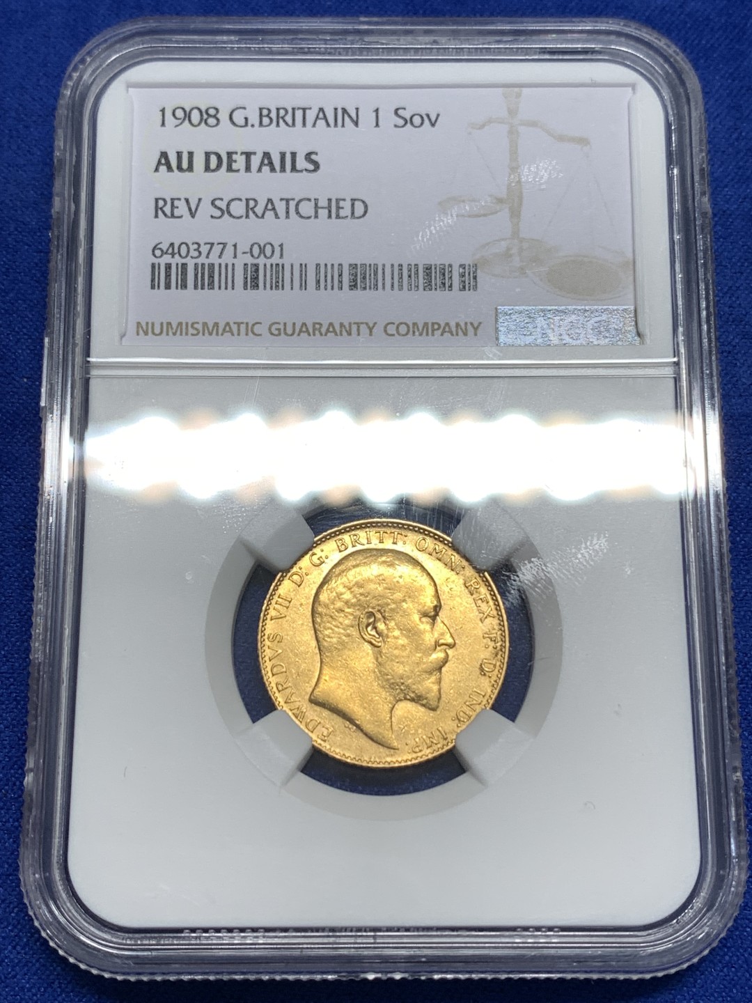 《竞宝斋》第173场-周日，周一2场 (全场包邮) NGC AU 英国 金币 1908年 爱德华七世 1索维林金币 重8克