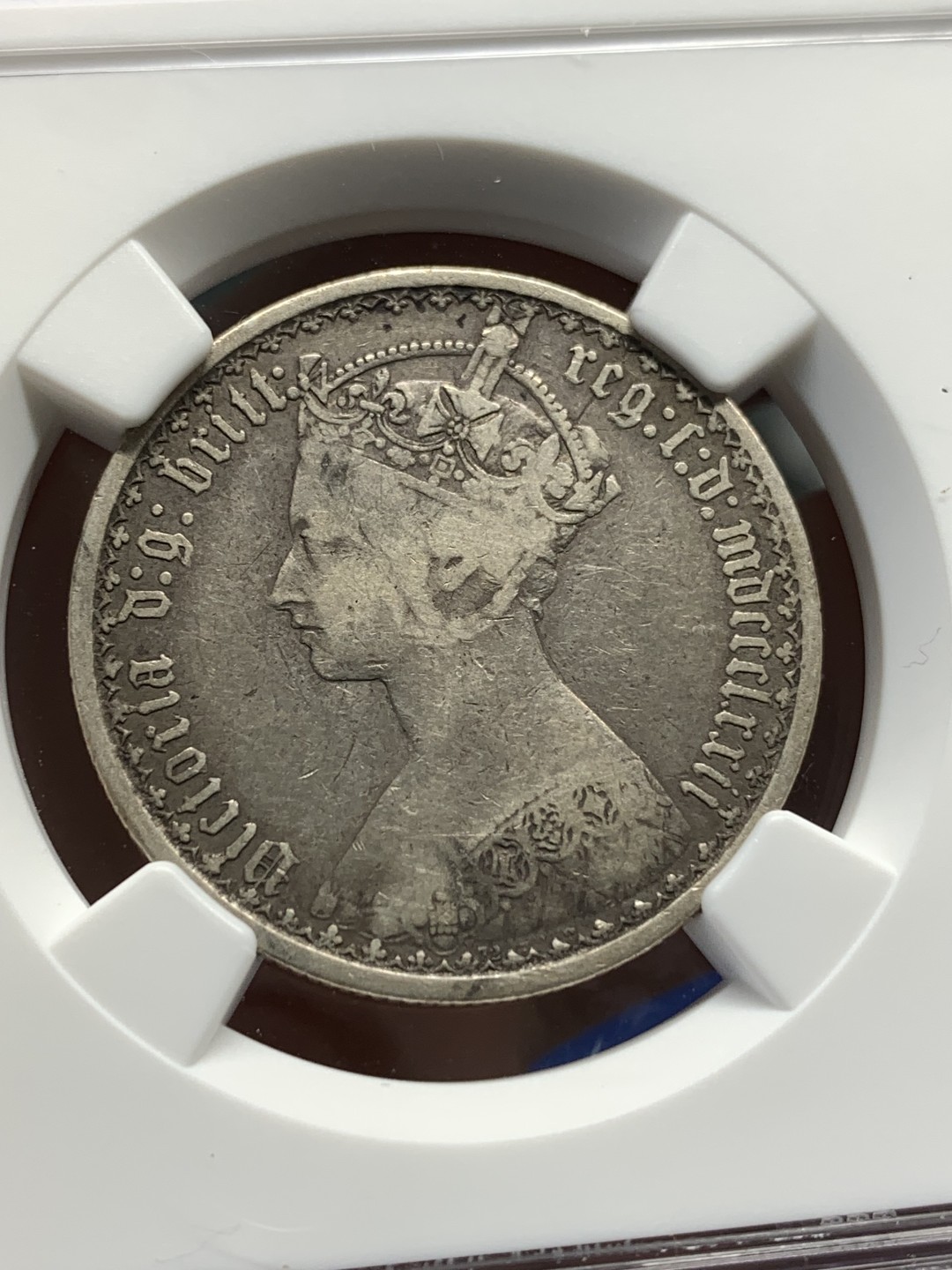 《竞宝斋》第173场-周日，周一2场 (全场包邮) NGC VF20 英国 银币 1872年 维多利亚 2先令 哥特体福林 原味包浆